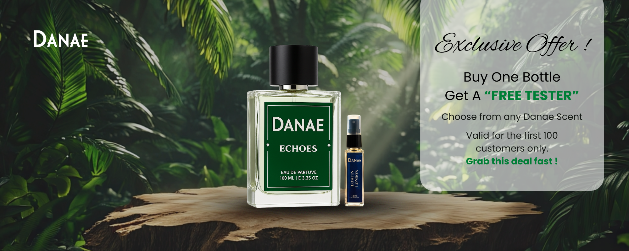DANAE perfume bottle with packaging on a wooden surface with a tropical background